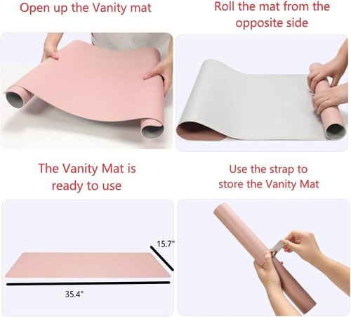 Dual-Sided Makeup Vanity Mat Pink and Silver,Non Slip Vanity Cover Pink Desk Mat to Protect Table 31.5 x 15.8 inches, Waterproof Oilproof Leather Nail Table Mat