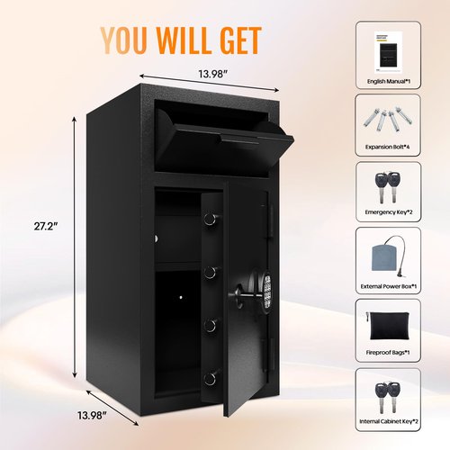 4.0 Cu Ft Large Fireproof Drop Safe for Business with Built-in Drawer Heavy Duty Safe Box with Drop Slot Anti-Theft Money Drop Box with Lock and Slot Anti-Fishing for Cafe Restaurant Gas Station