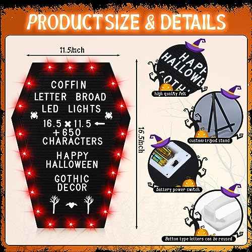 Sintuff Coffin Letter Board with Stand Built in LED Lights, 620 Characters, Halloween Style Changeable Spooky Gothic Letter Board Decor for Home, Office, Bistro(Red LED Light)