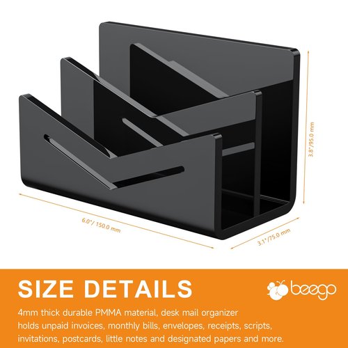 Beego Envelope and Mail Organizer Countertop - 2 Compartments Black Acrylic Desk Organizer Letter Holder Desktop File Sorter Bill Document Folder Rack for Office, Home, School Desk Organization