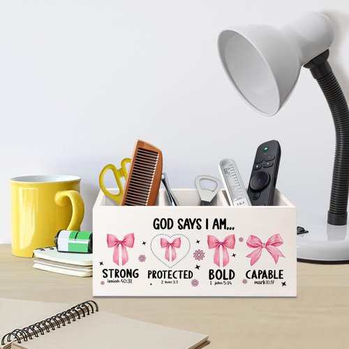 AQYIP Christian God Says I Am Wooden Pen Pencil Holder for Desk Accessories, Christian Gifts for Women, Pink Coquette Bow Bible Verse Wood Makeup Brush Toothbrush Holder Organizer for Vanity Bathroom