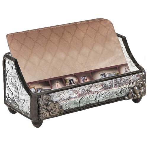 J Devlin Glass Art Stained Glass Business Card Holder – CRD 104 – Handcrafted Desk Accessory for Office, Reception, or Home Workspace – Decorative Glass Card Display Stand