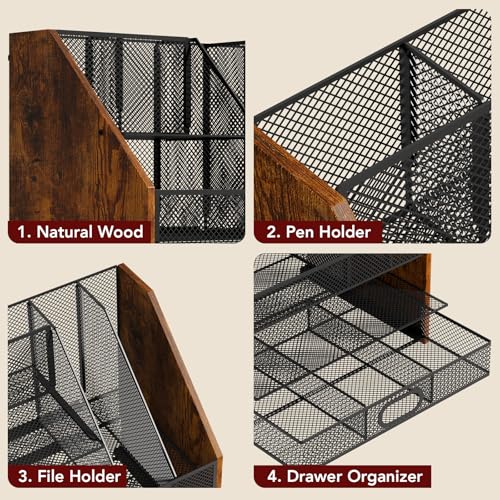 Wooden Desk Organizer - Mesh File Organizer with Drawers and Pen Holder - 4-Tier Vertical Paper Letter Storage Tray, Desktop Organizers and Accessories for Home Office