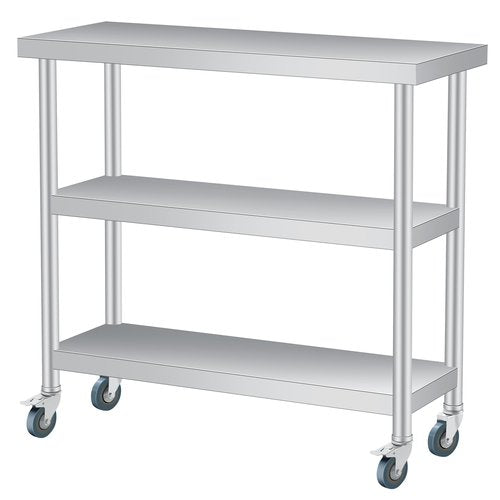 Stainless Steel Table, 14 x 36 Inch, 3-Tier Metal Prep Table with 2 Lockable Wheels, Undershelf, Commercial Kitchen Utility Workstation for Restaurant, Hotel, Laundry, Garage, Indoor, Outdoor, BBQ