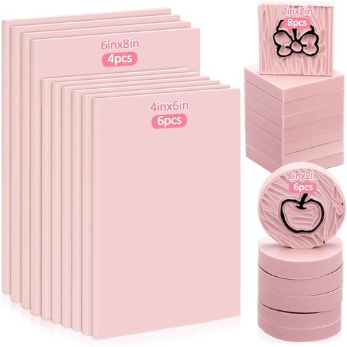 Innconee 24 Pcs Rubber Stamp Carving Blocks Pink Rubber Carving Blocks Round Square Rectangle Making Kit for Stamp Crafts and DIY Project