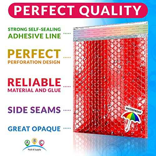 ABC Red Metallic Bubble Mailers, 12.75 x 10.5 Inches. 25 Pack Metallic Bubble Envelope with Self-Seal Closure. Waterproof Poly Mailers Metallic. Bright Metallic Packaging Envelopes for Shipping