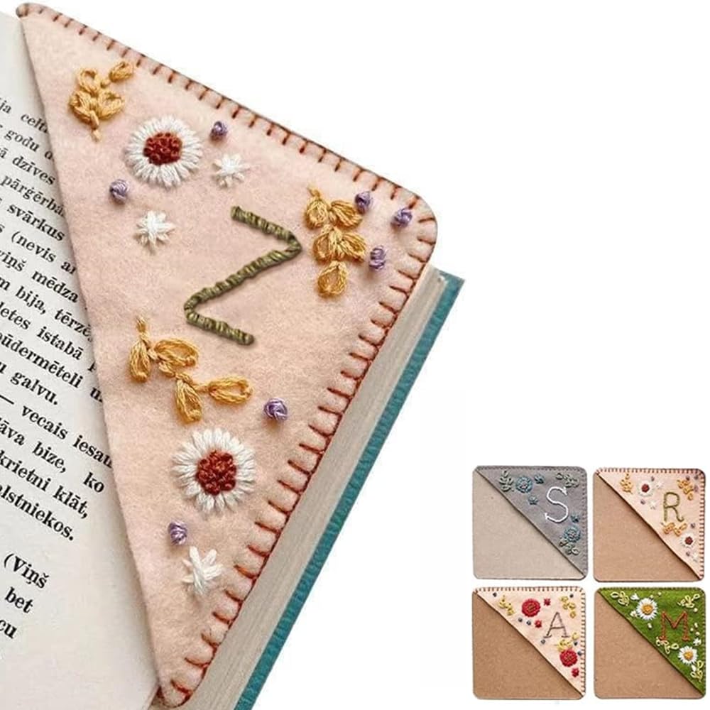 Personalized Hand Embroidered Corner Bookmark, 26 Letters Cute Flower Embroidered Corner Bookmark Embroidery Book Marker Clip for Book Lovers Bookmarks for Reading Lovers Meaningful GIF (Spring, Z)