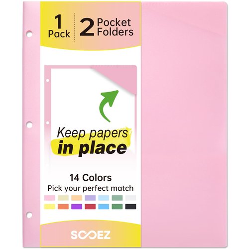Sooez 2-Pocket Folders, Plastic Folders with Pockets 3 Hole Punched, 1 Pack Pockets Folder for 3 Ring Binder with Labels, Heavy Duty Binder Folder for Document, Letter Size File Folder,Pink