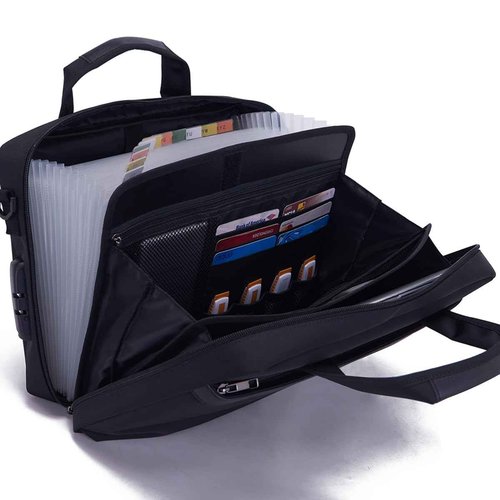 BARDOLPH Nylon File Folder, 11.6in x 8.2in, Black, Portable, Lightweight, 3-Digit Combination Lock, Multiple Pockets, Large Capacity