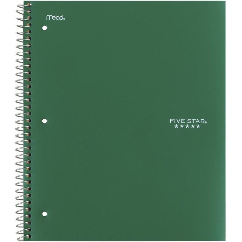 Five Star Spiral Notebook + Study App, 5 Subject, College Ruled Paper, 8-1/2" x 11", 200 Sheets, Fights Ink Bleed, Water Resistant Cover, Forest Green (72079) (Pack of 6)