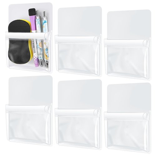 Sherr 6 Pcs Magnetic Pen Marker Holders, Magnetic Pocket Pouch 4.7 x 6.5 Clear File Holder for Fridge Whiteboard Locker, Magnet Pen Dry Erase Marker Storage Organizer Accessories(White)