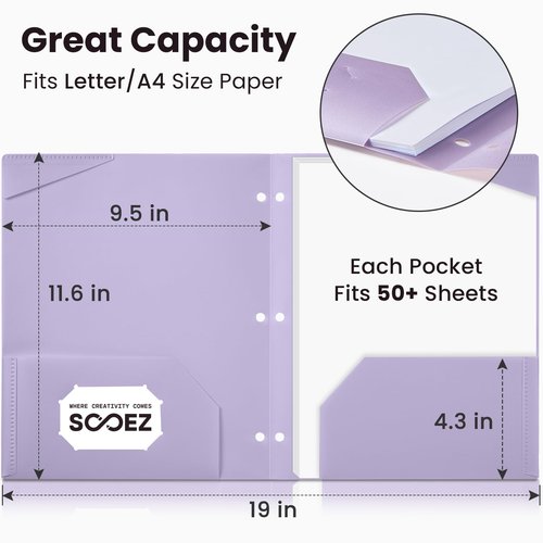 Sooez 2-Pocket Folders, Plastic Folders with Pockets 3 Hole Punched, 1 Pack Pockets Folder for 3 Ring Binder with Labels, Heavy Duty Binder Folder for Document, Letter Size File Folder,Pink