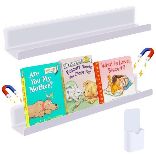 2 Pcs Magnetic Book Shelf for Whiteboard, Magnetic Book Holder Display Shelves with a Pen Container for Teacher Kids Classroom Office (White)