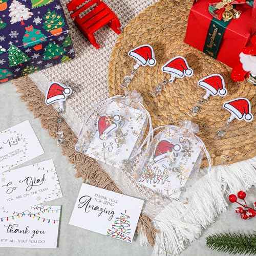 Cholemy 90 Pcs Employee Appreciation Gifts for Teachers Include Santa Hat Badge Reel Christmas Badge Holder Encouragement Cards and Organza Bag Xmas Team Gifts for Nurse Coworker