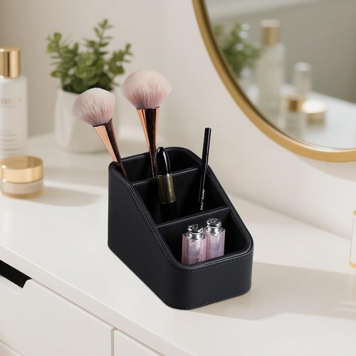 NICLNGSH PU Leather Remote Control Holder, Small Desk Organizer Office Supply Bedside Caddy for Nightstand End Table Couch, Pen Remote Organizer with 3 Compartments (Black)
