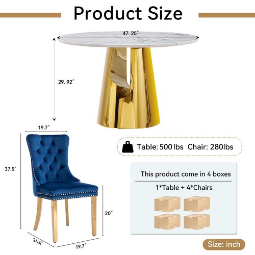 HomVent Round Faux Marble Dining Table and Chair Set for 4, 47.2'' White Circle Faux Marble Kitchen Table Set with Dining Chairs, Modern Round Table Set for Kitchen