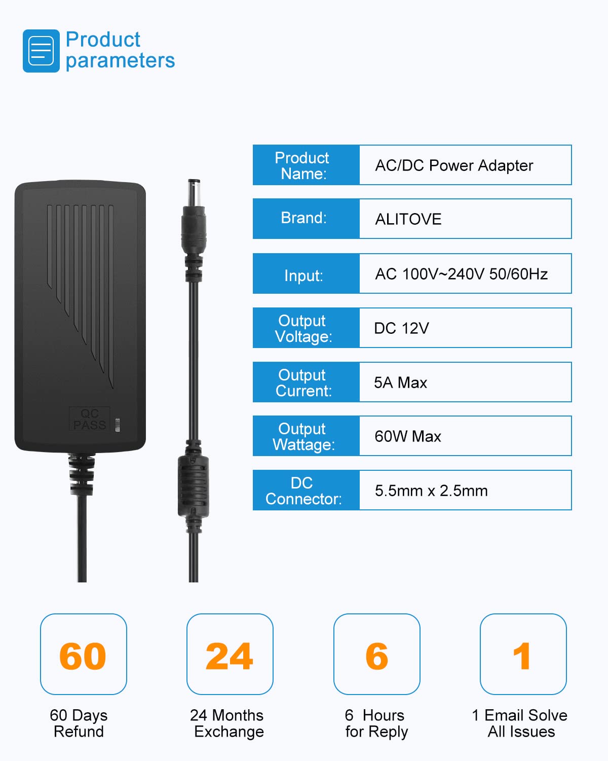 ALITOVE Power Supply Adapter - 12V 5A 60W Converter for 5050 & 3528 LED Strip Lights | AC 100-240V Input