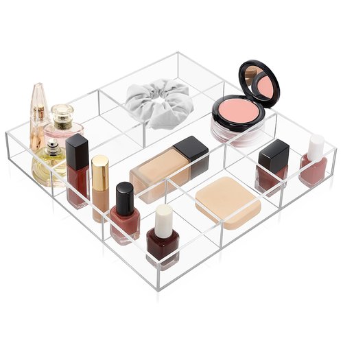 EupHHonycs Acrylic Clear Drawer Organizer 6 Section Divided Makeup Organizer Tray 11.8x11.8x1.8 inch Junk Drawer Storage for Office Bedroom Desk Supplies and Accessories