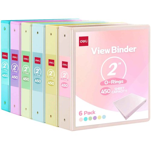 Deli 2-inch 3 Ring Binder with 2 Interior Pockets, 450 Sheets Capacity, 2 inch Binders fits 11" x 8.5" US Letter Size, Assorted 6 Pastel Colors, 6 Pack