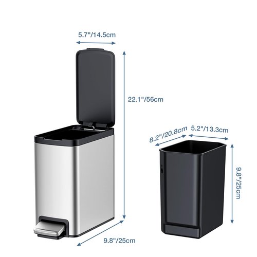Bscann Bathroom Trash Can with Lid Soft Close, Stainless Steel Garbage Can with Removable Inner Bucket,Step Trash Can for Bathroom,Bedroom,Office(6 Liter / 1.6 Gallon)