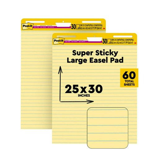 Post-it Super Sticky Easel Pad, 25 in x 30 in Sheets, Yellow Paper with Lines, 30 Sheets/Pad, 2 Pads/Pack, Great for Virtual Teachers and Students (561)