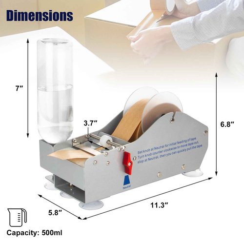 TooCust Metal Water Activated Tape Dispenser, One-Button Tape Feeder for 0.75-3.75" Wide Shipping Tape, with 500ml Auto Water Supply & Suction Cup Feet