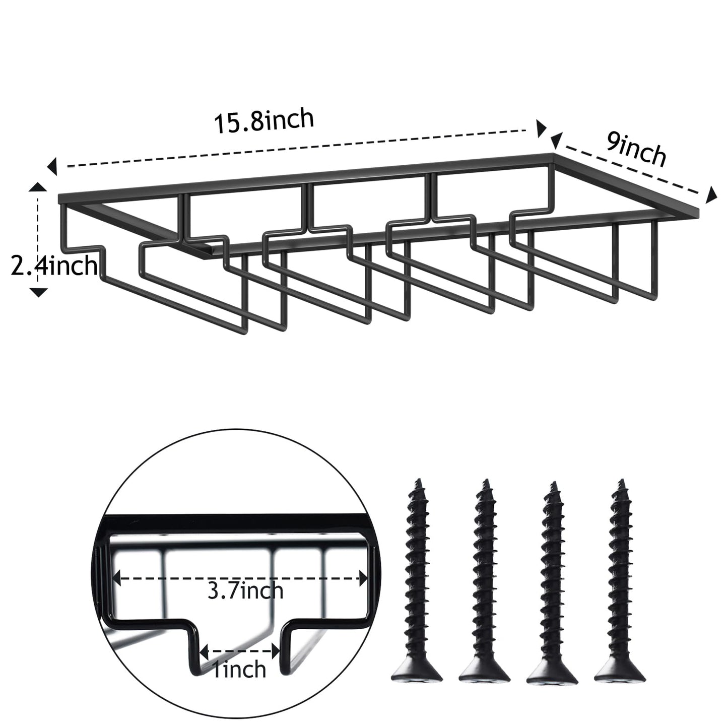 Wtiujhg Wine Glass Rack, Under Cabinet Stemware Rack Wine Glass Holder, 4 Rows Black Metal Wine Glass Storage Hanger Under Shelf for Cabinet Kitchen Bar