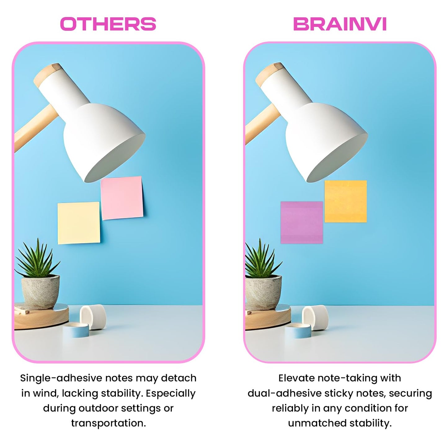 BRAINVI -Sticky -Notes -3x3 Inches - Double Adhesive Strips for Extra Hold, Bright & Colorful Pads, Perfect for -Teachers, Home & Office, 8 -Pads, 100 Sheets/Pad (8 Colors)