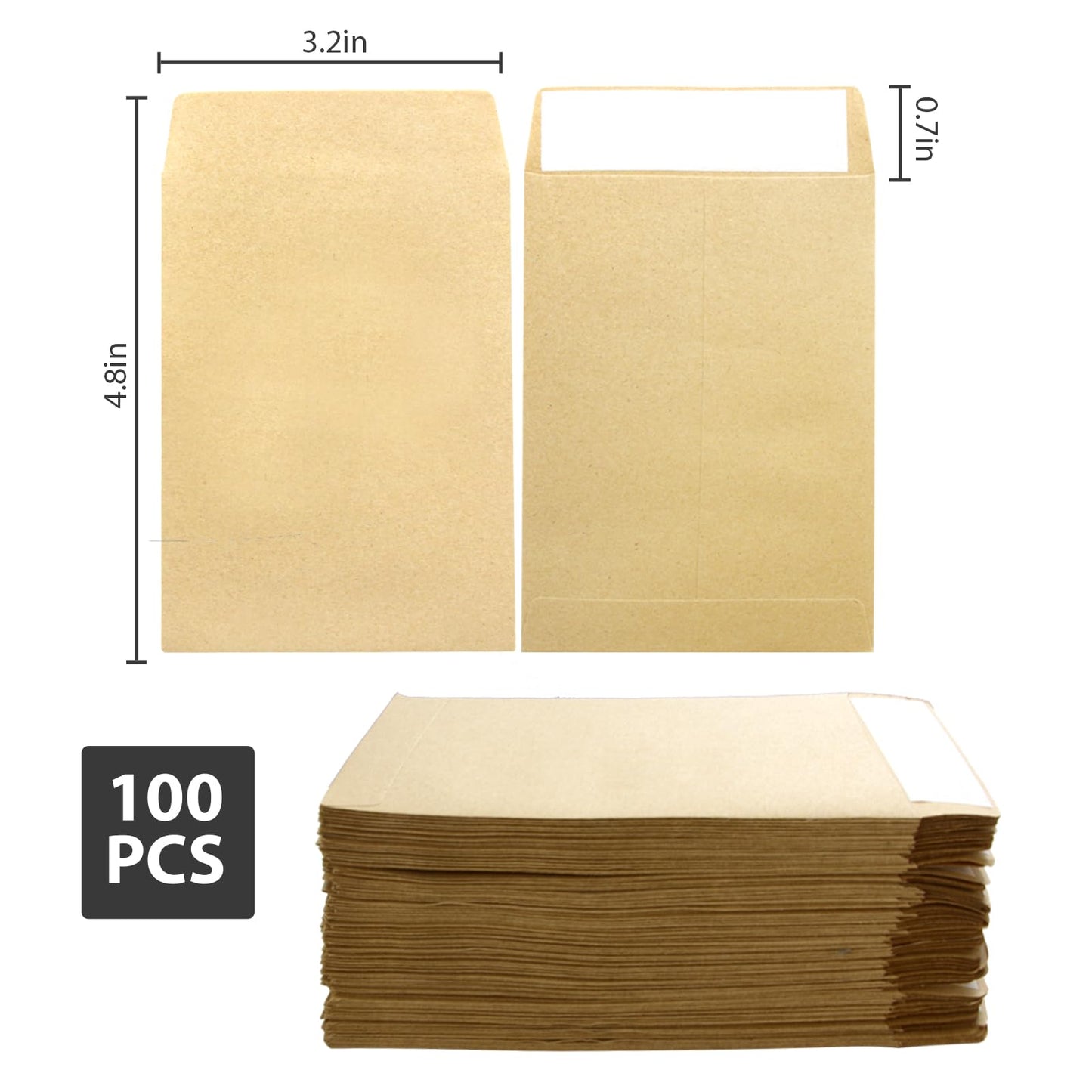 100 Pack Kraft Small Coin Envelopes, 3.23"4.53", Brown, Fully Sealed Seed Envelopes; Mini Envelopes for Office, Home, School