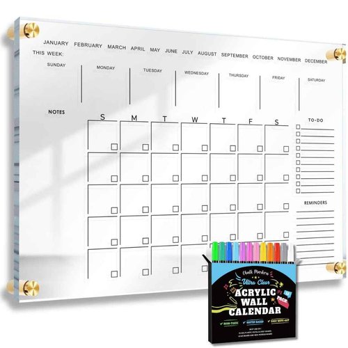 Classic Acrylic Calendar for Wall | Oversize| Clear Home Office Glass Calander Dry Erase Board Large Reusable Whiteboard Big Monthly Family Planner 9X Liquid Chalk Markers (24" X 18")