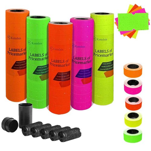 Colorful Price Labels - 50 Roll Labels with 5 Ink Wheels for Pricing & Expiration Date Stickers - Compatible with MX-5500, NEW-5500, MX-H813 and More - 1-Line Pricemarker Gun (5 Colors)
