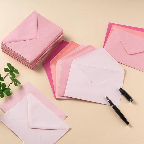 Toperd 100 Pieces A7 Envelopes with Gold Stickers 5 Colors 5.24 x 7.24 Inches for Wedding Cards, Birthday, Baby Shower, Invitations (5 Pink, 5 1/4 x 7 1/4 inches)