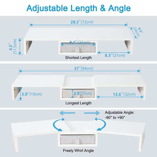 TEAMIX White Dual Monitor Stand Riser with Drawer - Length and Angle Adjustable Double Corner Desk Shelf Organizer 37 inch Long for 2 Laptop/PC/Screen/TV
