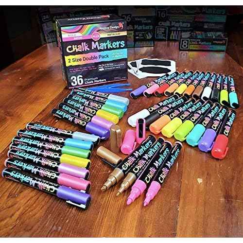 ArtShip Design 36 Chalk Markers Double Pack of Both Fine & Reversible Medium Tip Liquid Chalk Pens with Labels & Tip Tweezers Wet Erase Menu Boards, Windows, Mirrors, Non-Porous Chalkboards, Metal