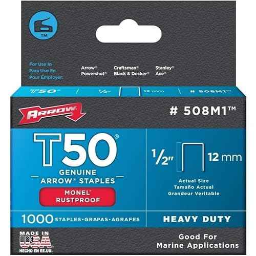 Arrow 508M1 Heavy Duty T50 Monel Staples for Marine Applications, 1/2-Inch Leg Length, 3/8-Inch Crown Size, 1000-Pack, Made in the USA