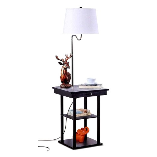 Brightech Madison Side Table with Lamp Combo with LED Bulb, Desk Lamp with USB Port, Bedside Reading Lamp, Modern End Table with Floor Lamp for Bedroom, Living Room, Office - Black with White Shade