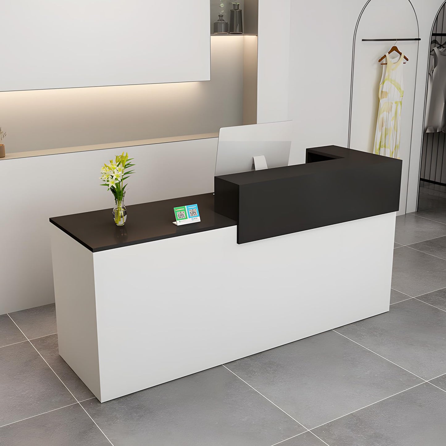 Modern Reception Desk with Drawer & Open Shelves, 39-95 Inch Front Counter Table, Computer Workstation Suitable for Salons, Offices, Lobbies, Retail Stores and Home Offices