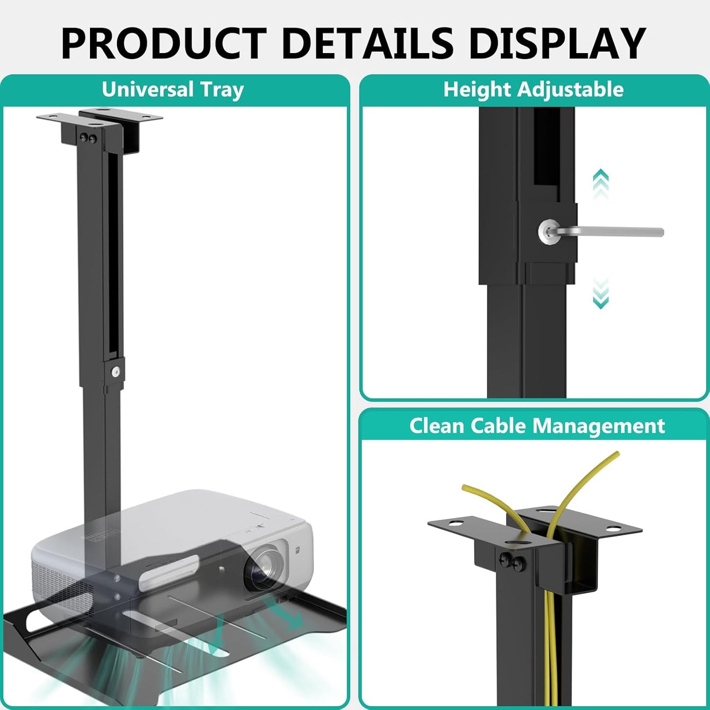 WALI Projector Ceiling Mount Tray - Height Adjustable Holder with Hidden Cable Management | Fits Projectors Up to 22lbs, Black