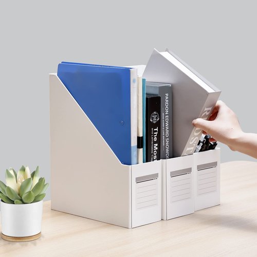 HUAPRINT White Magazine Holder,Cardboard Magazine File Holder (Pack of 3),Magazine Organizer Box,with Labels