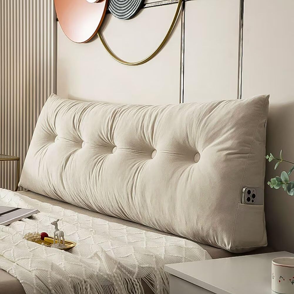 cnsmak Triangular Wedge Headboard Pillows Twin XL Dorm Headboard Long Backrest Positioning Support Reading Bolster Pillow Side Pockets Wedge Pillow College Dorm Room Essentials Bed Bedroom Decor White