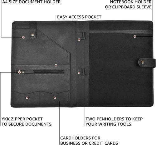 Leather Portfolio Organizer with Zipper for Men Women, Padfolio Business Resume Legal Pad Portfolio Notebook Binder for A4/Pad, Leather Folio Folder, Document Folio (Black)