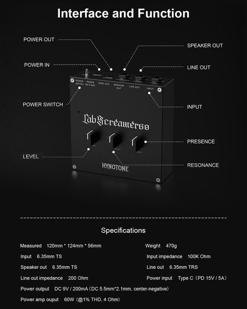 TOPPING HYNOTONE CabScreamer60 60W Power Amp Pedal with Presence & Resonance Controls, Balanced Line Out, DC 9V Output, PD Power Input, Line Out for Live & Recording