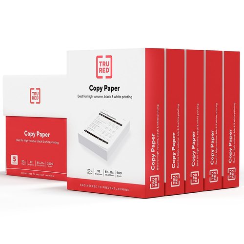 Staples TRU RED Copy Paper, 8.5" x 11" Sheet Size, 92 Brightness, 20 lbs., Smooth Finish White Paper (500 Sheets/Ream, 5 Reams/Carton)