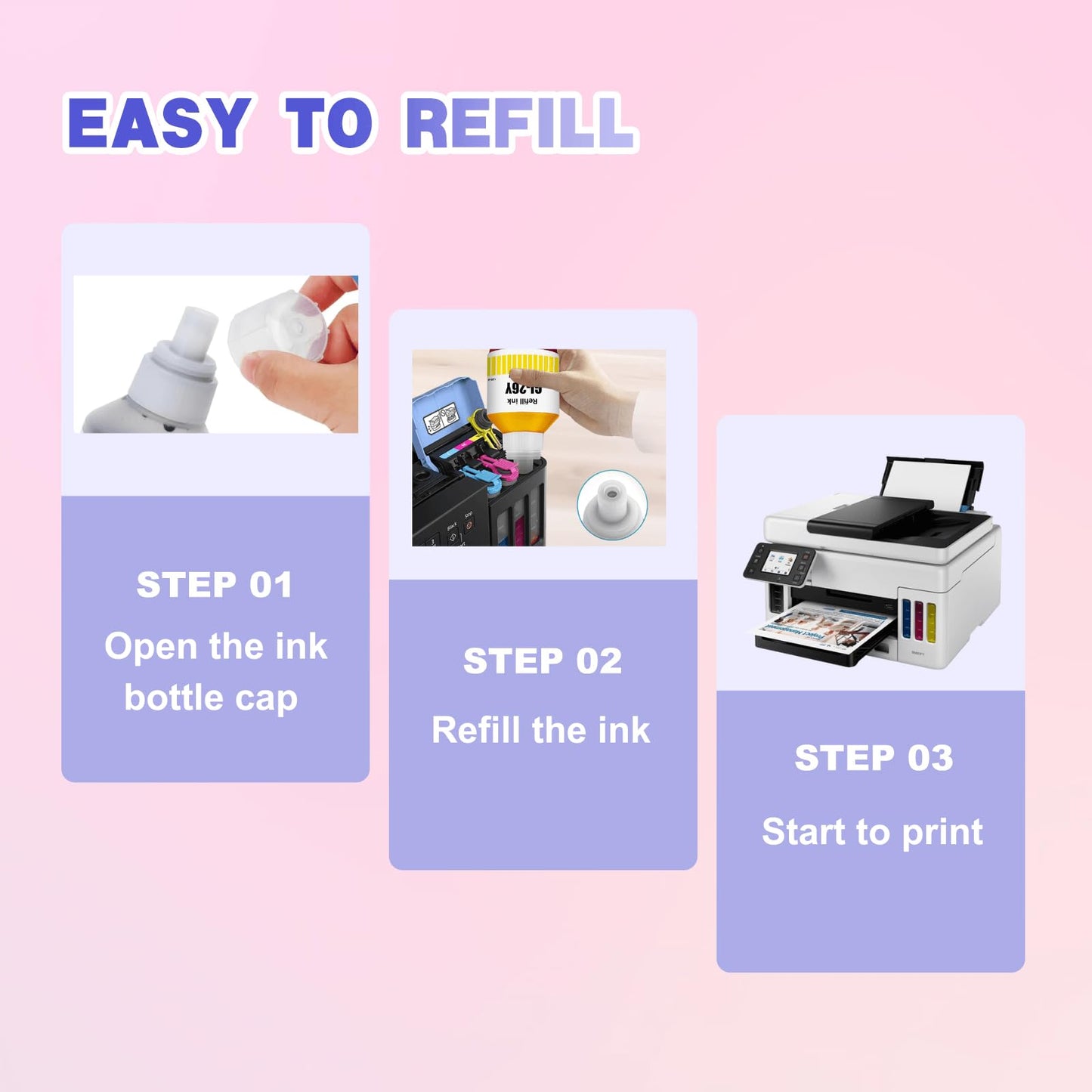 JoyPrinting GI-26 GI26 Ink Refill Bottles Compatible with Canon GI-26 Ink Bottles Work for GX7021 GX6021 GX5020 GX4020 GX3020 GX7020 GX6020 GX6120 Megatank 4 Pack