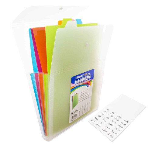BAZIC Products Expanding File Folder 5 Pockets w/Tab, Letter Size Plastic File Pocket Folders, Office Supplies Paper Documents Organizer, 12-Pack