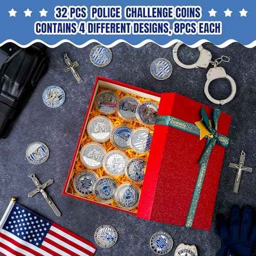 32 Pcs Police Challenge Coins Thank You for Your Service Police Gifts Patriotic Collectibles Commemorative Coins for Men Women Veterans Day Independence Favors(Novel)