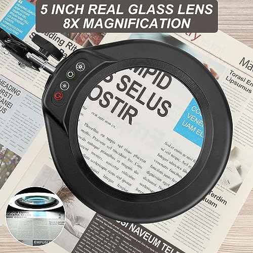Veemagni 5 Inch Large Magnifying Glass with Light and Stand, 5 Color Modes Stepless Dimmable, Long Swivel Arm LED Clamp Desk Lamp, Hands Free 8X Lighted Magnifier for Close Work Craft Hobby Soldering