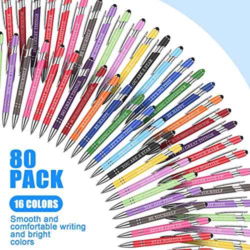 Sherr 80 Pcs Motivational Inspirational Quotes Ballpoint Pens with Stylus Tip 5.6 Inch Funny Ink Pen Bulk Inspirational Gifts for nurse Women Office Supplies Black Ink(Assorted,Encouraging)