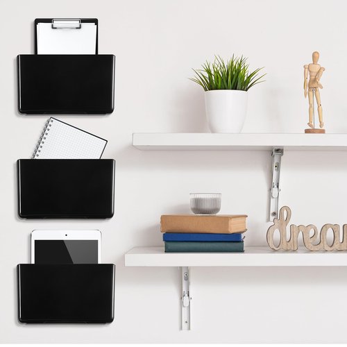 Tenceur 10 Pcs Single Pocket Wall Mount File Holder Black Plastic Wall Pocket with Screws and Tape Hanging File Organizer Letter Holder for Home Letters Mail Magazine Office
