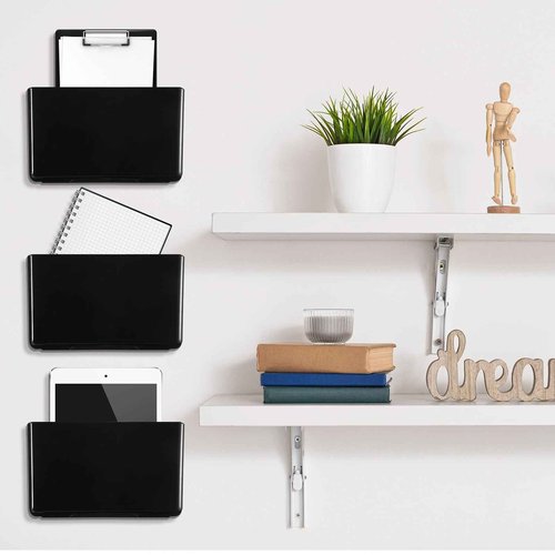 Tenceur 12 Pcs Plastic Single Pocket Wall Mount File Holder with Double Sided Adhesive Tape and Screws Wall File Hanging Folder Letter Paper Mail Organizer for Office Home Classroom(Black)